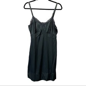 Vintage black nylon midi chemise slip size 38 whimsigoth fairycore lace trim